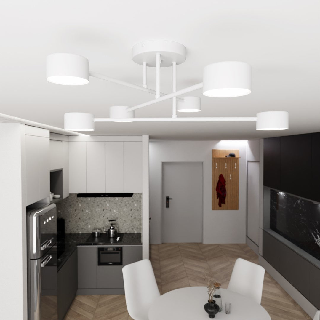 Plafonnier blanc installé au plafond d'une cuisine moderne en ambiance