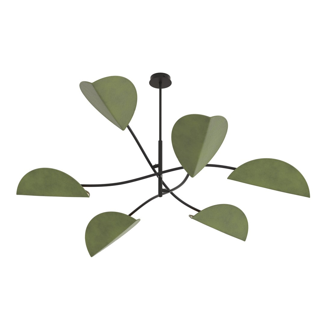 Vue plongeante sur le luminaire dévoilant les six abat-jours verts et les bras noirs.