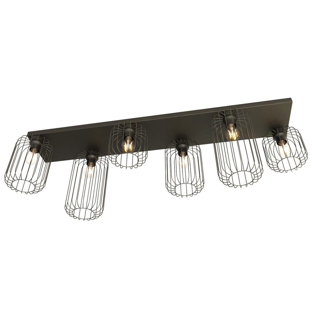 Vue de trois quarts du luminaire, cages filaires et ampoules allumées sur base noire.