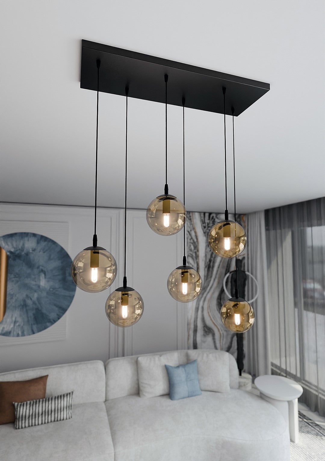 Cosmo 6-light pendant, black, amber glass