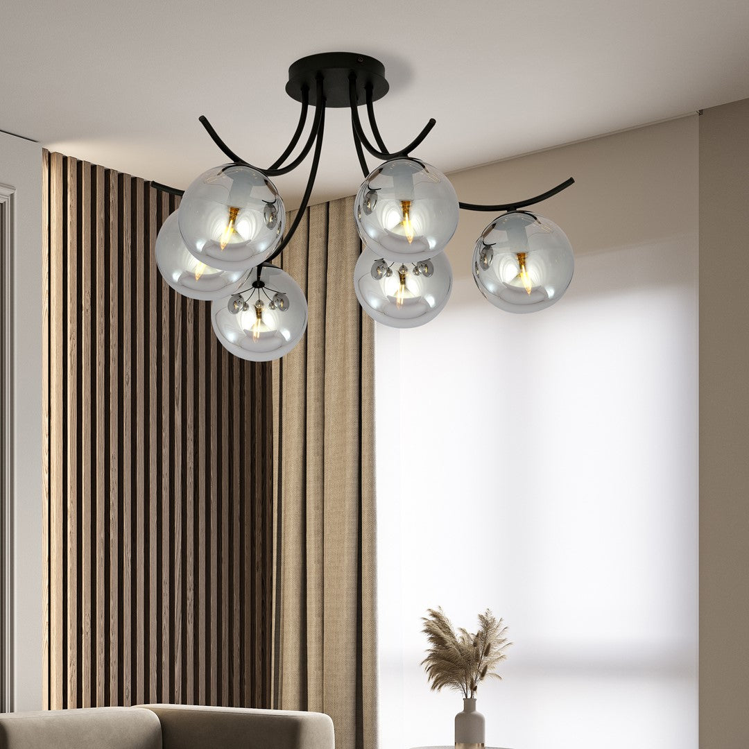Boston 6-light ceiling light black, graphite glass