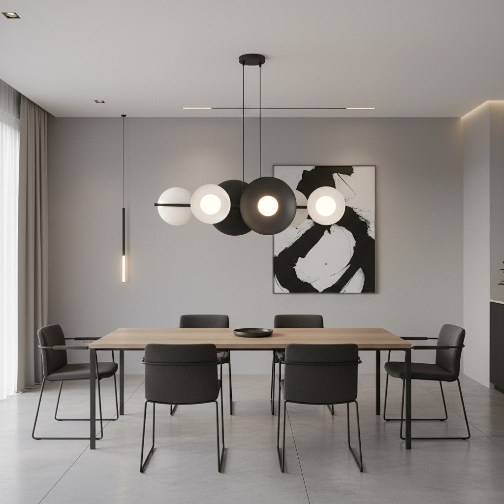 Mise en ambiance salle à manger, lustre au-dessus d'une table en bois, chaises noires, toile abstraite.