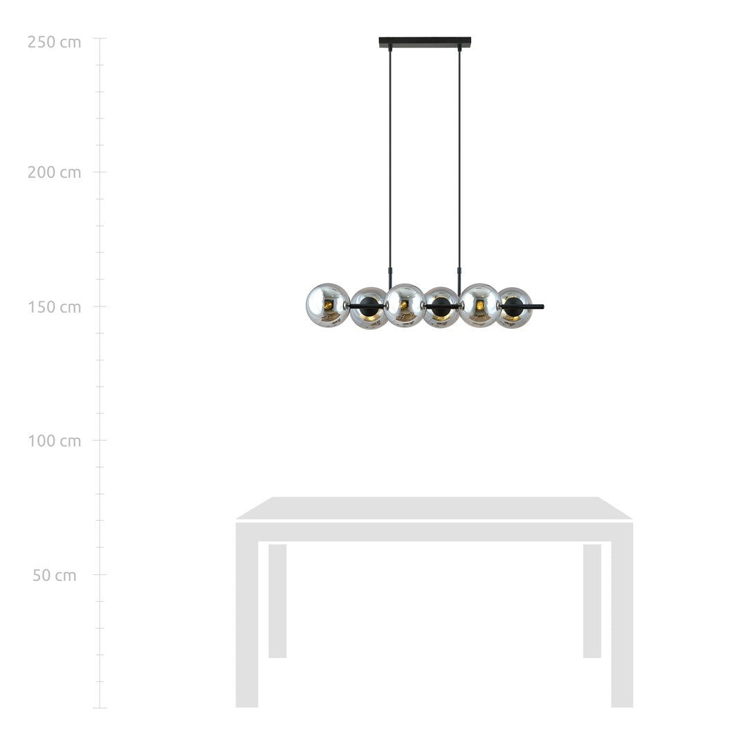 Plan coté avec table, hauteur de suspension ajustable jusqu'à 250 cm