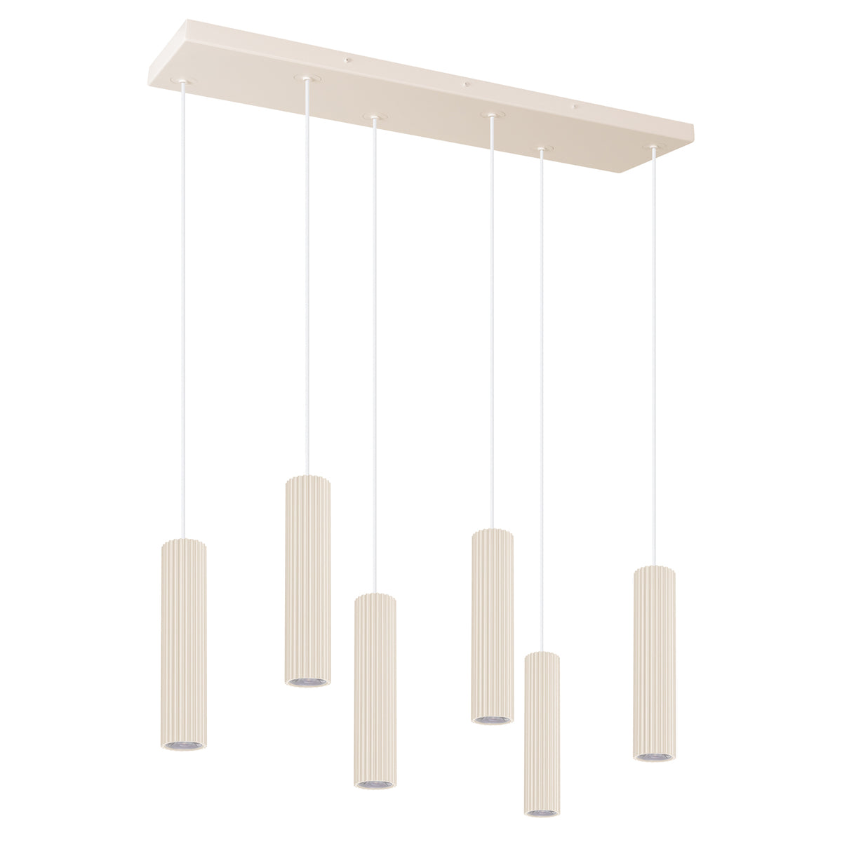 Version beige clair du luminaire suspendu, câbles blancs et six cylindres cannelés.