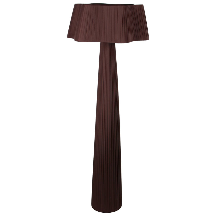 Vue entière du lampadaire sur pied, abat-jour ondulé et long fût cannelé.