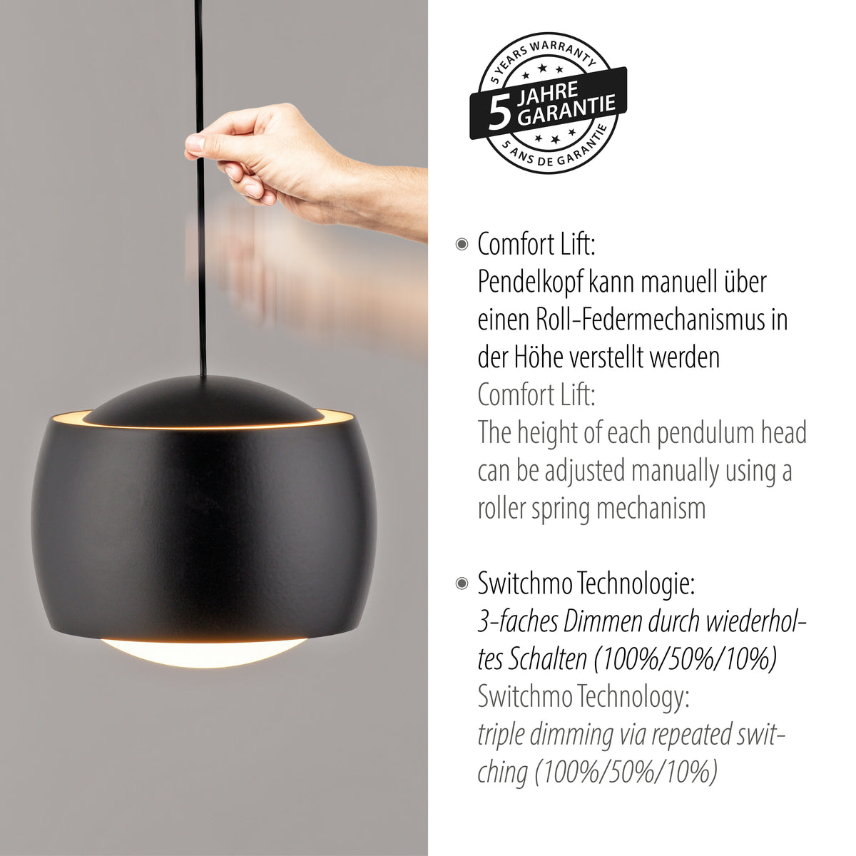 Gros plan sur le luminaire noir et l'anneau lumineux, texte sur la garantie cinq ans.