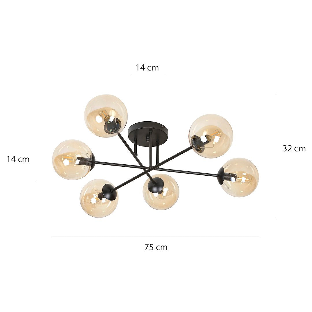 Brendi 6-light pendant lamp, black, amber glass