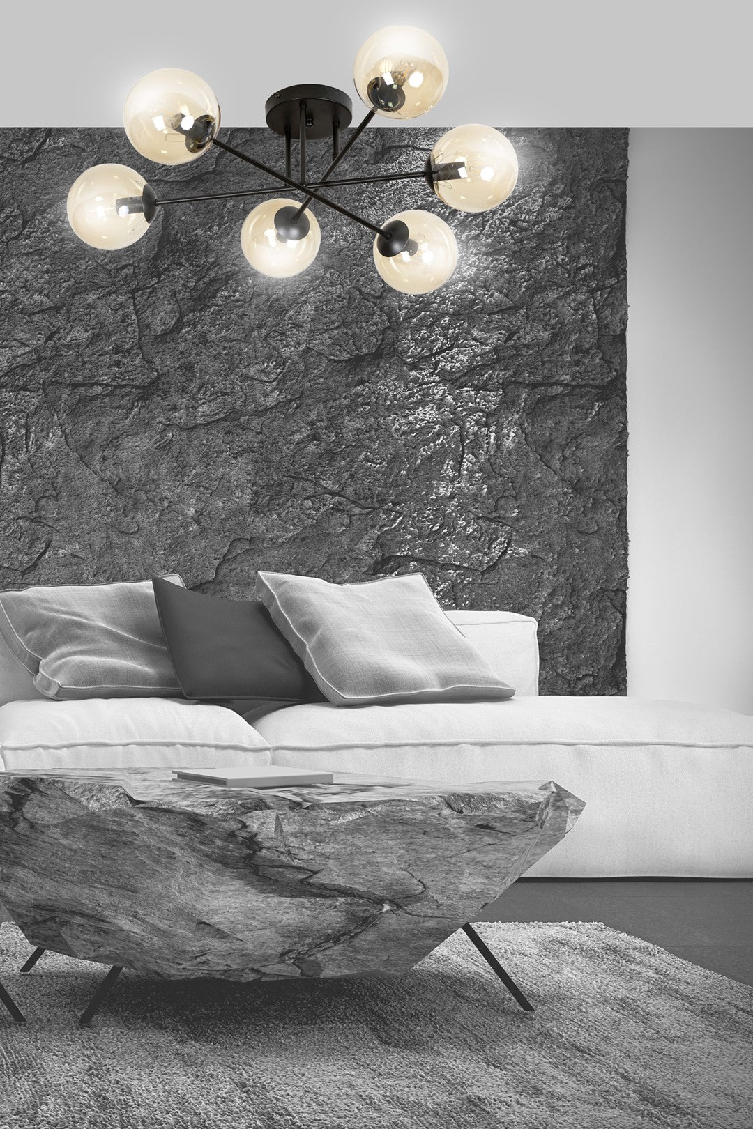 Brendi 6-light pendant lamp, black, amber glass