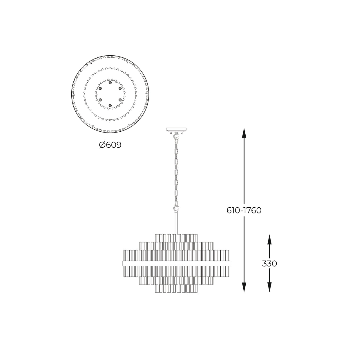 Schéma de dimensions coté : diamètre 609 mm et hauteur réglable de 610 à 1760 mm