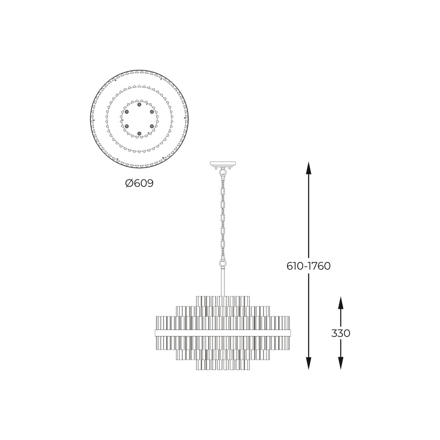 Schéma de dimensions coté : diamètre 609 mm et hauteur réglable de 610 à 1760 mm