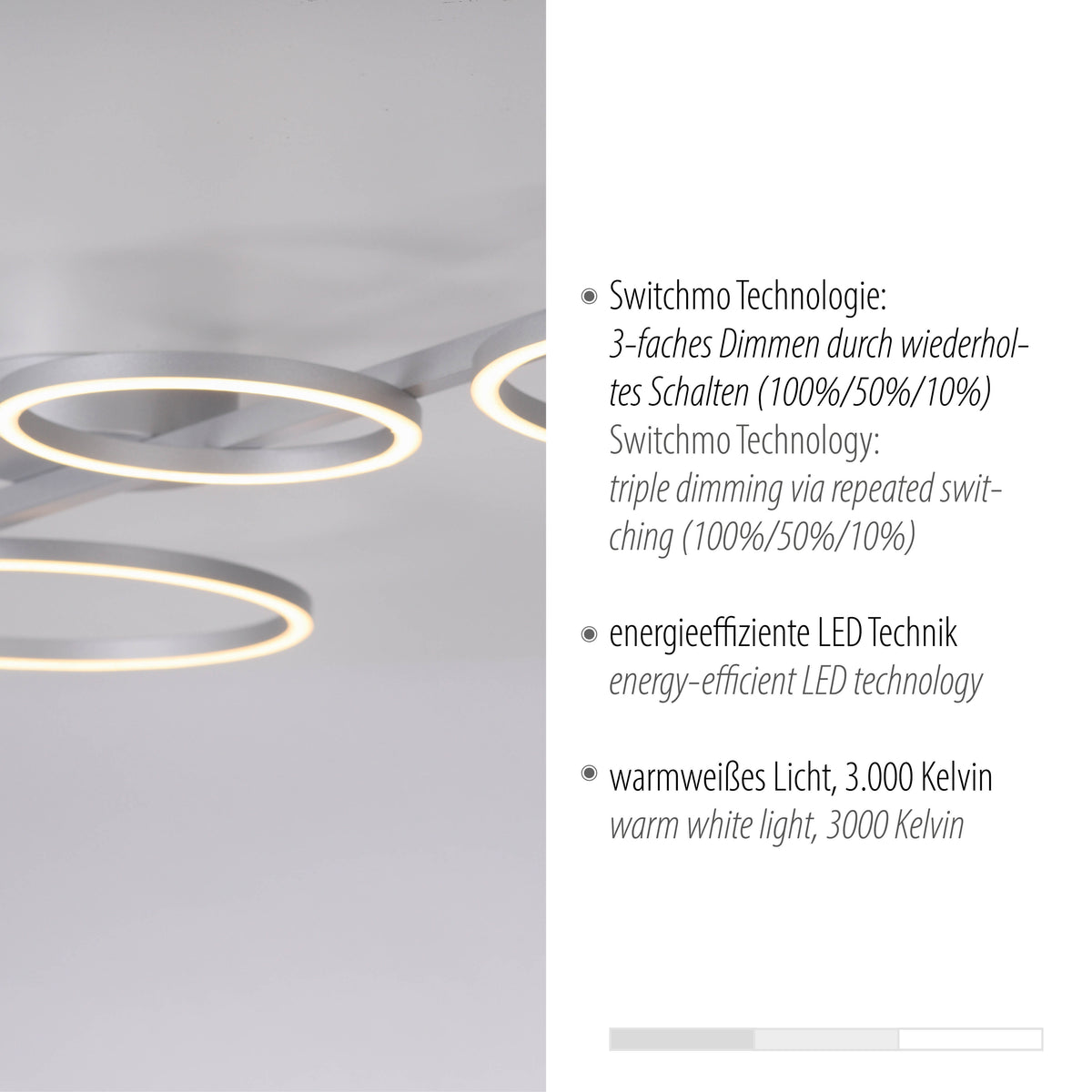 Détail de finition du luminaire argenté avec texte sur la technologie LED et 3000 kelvins
