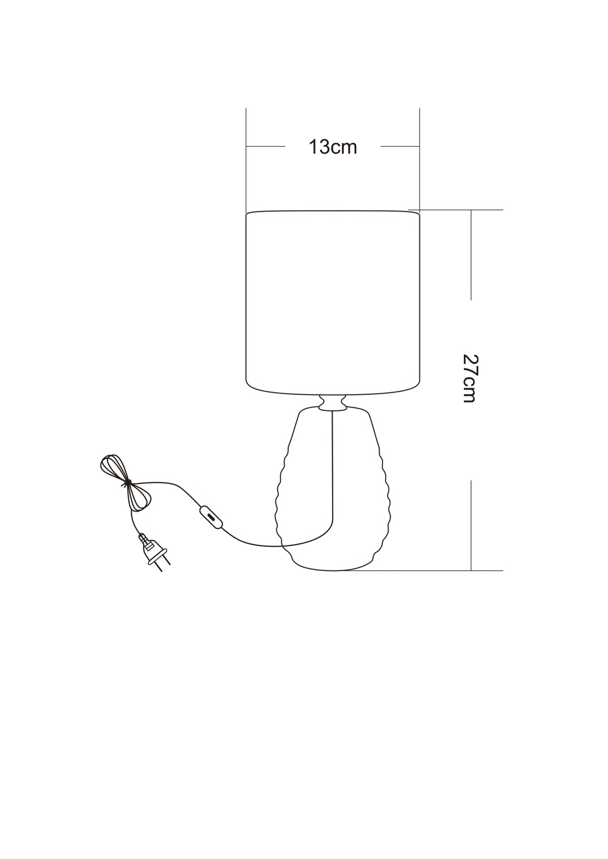 Schéma coté de la lampe : hauteur 27 cm, largeur 13 cm, câble et fiche visibles