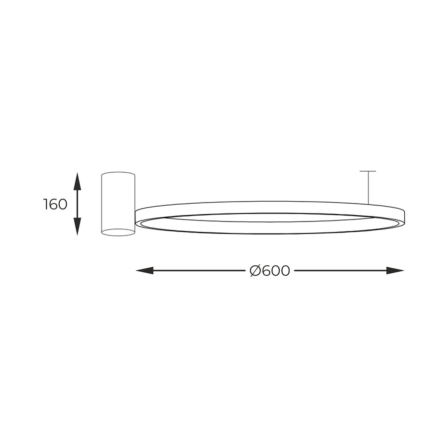 Schéma de dimensions du plafonnier, diamètre 600 mm et hauteur 160 mm