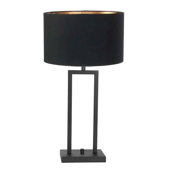Stang 7194ZW black table lamp with rotary switch and black and gold linen shade