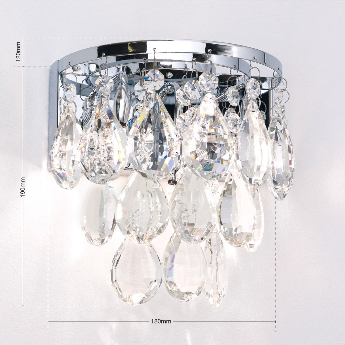 Applique murale Celeste en cristal, chromé et transparent, 2 lumières, hauteur 18 cm