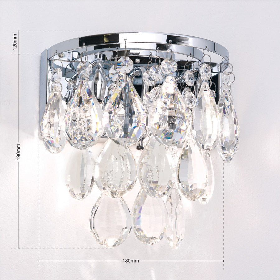 Applique murale Celeste en cristal, chromé et transparent, 2 lumières, hauteur 18 cm