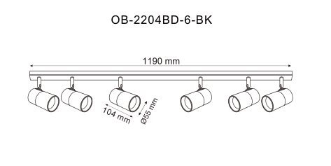 Schéma coté du rail : longueur 1190 mm, diamètre 55 mm, 104 mm par spot