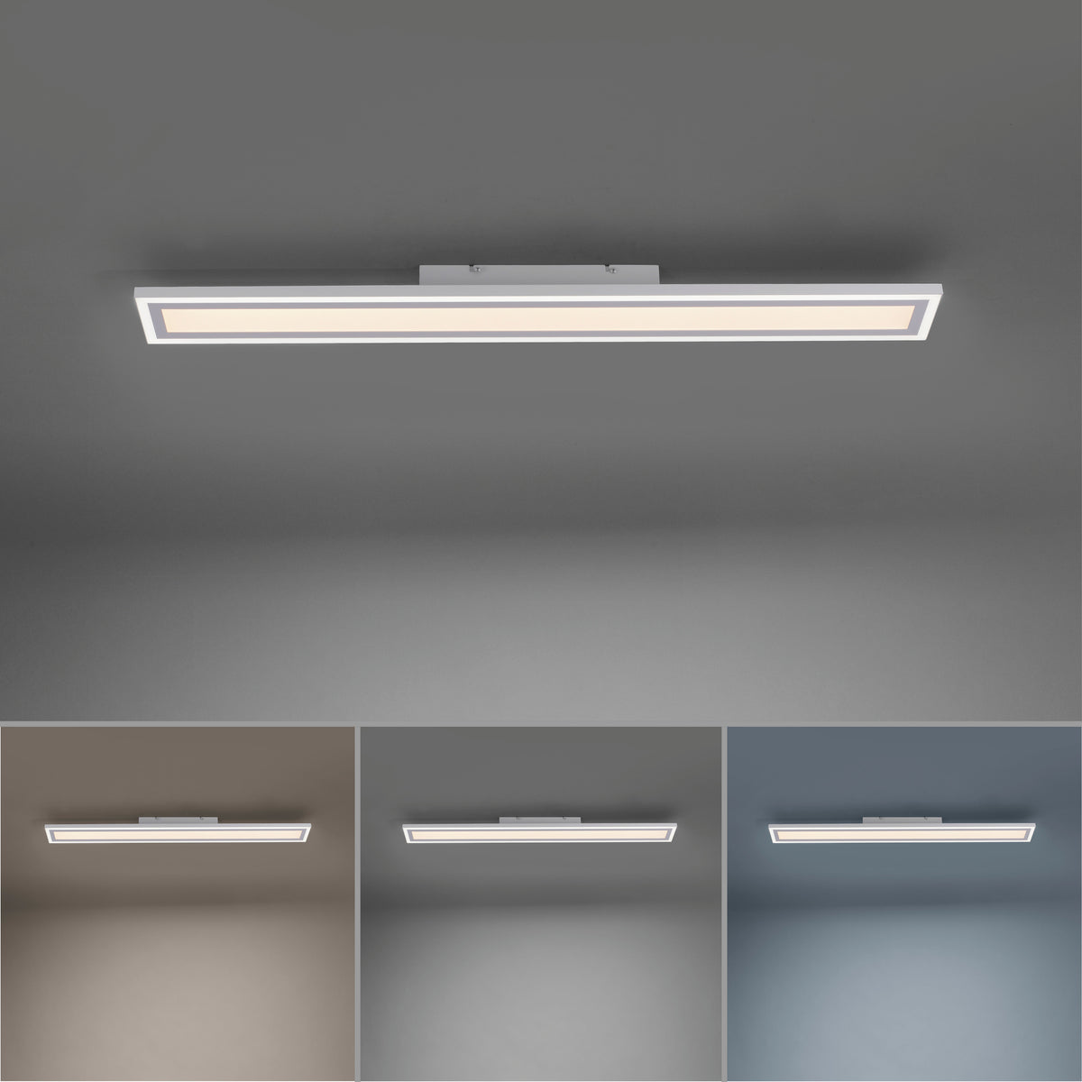 Plafonnier allumé au plafond, déclinaisons de lumière chaude, neutre et froide.