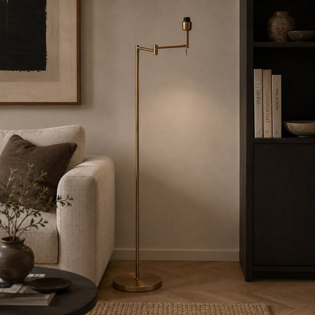 Adjustable bronze floor lamp, reading lamp with swing arm, shade-less | Bella