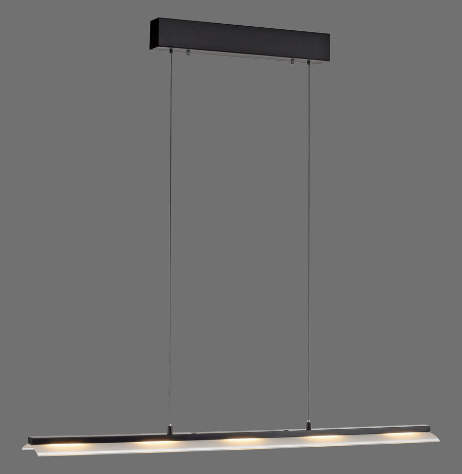 Suspension noire linéaire vue de face, finition mate, sur fond gris anthracite