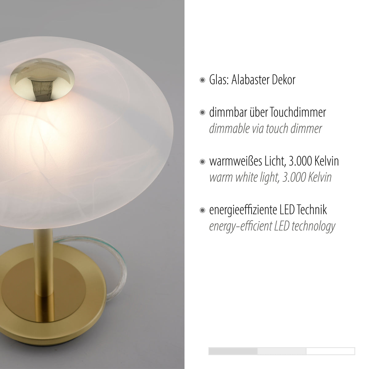 Détail du verre alabâtre et texte allemand sur variateur tactile et LED
