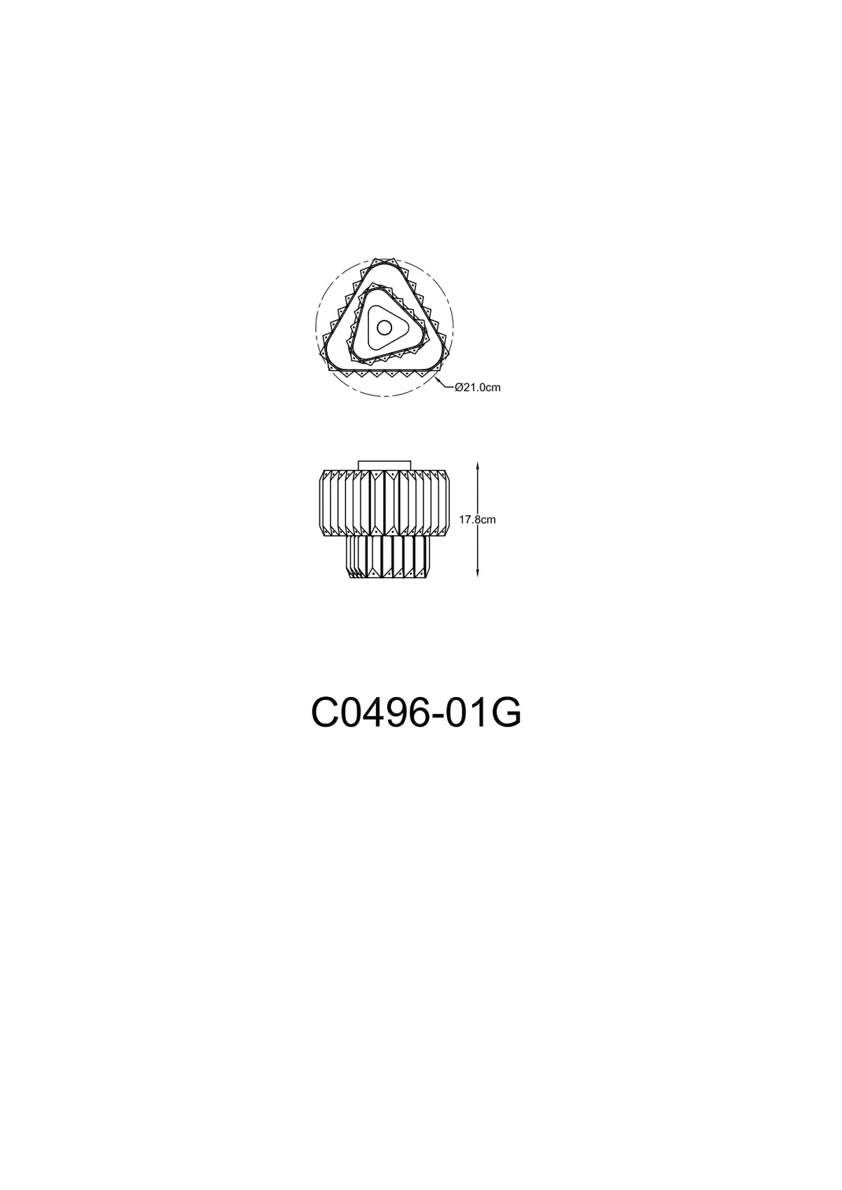 Schéma technique coté montrant diamètre 21 cm, hauteur 17,8 cm et référence produit