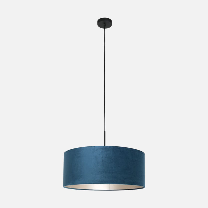 Blue velvet pendant light, silver interior drum lampshade Ø50 | Loomis