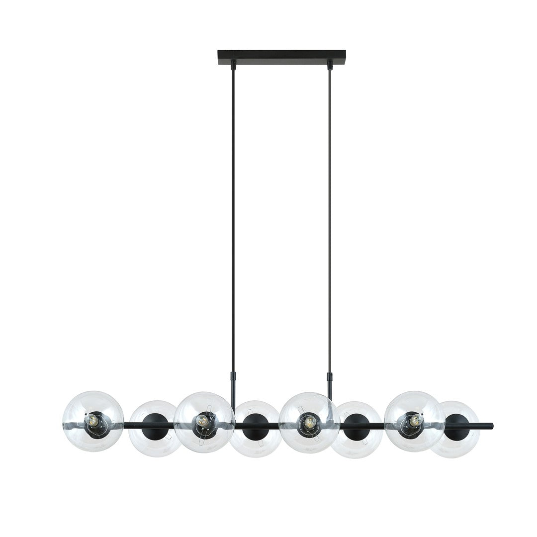 Vue de face du luminaire à huit sphères transparentes et douilles dorées