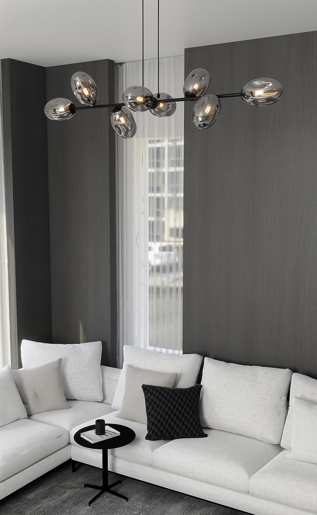 Pandora 8-light pendant, black, graphite glass