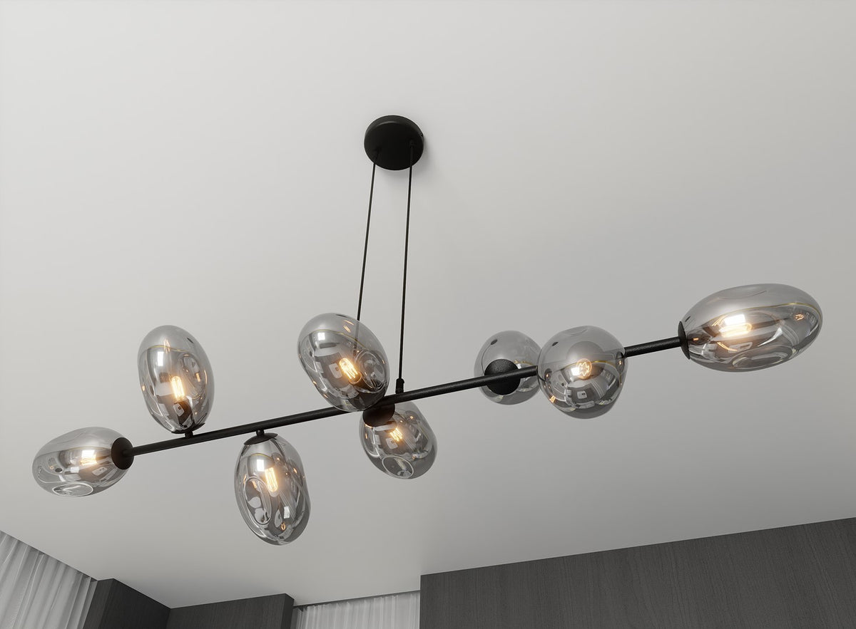 Pandora 8-light pendant, black, graphite glass