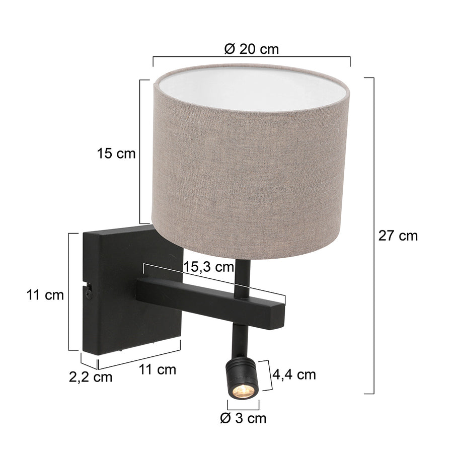 Stang 8203ZW black wall lamp with reading light and grey linen lampshade