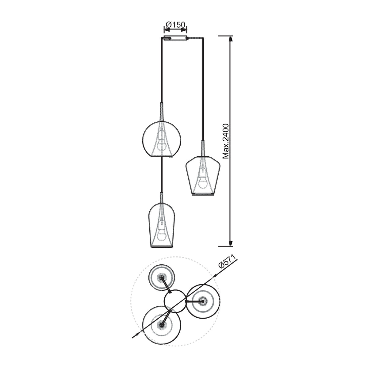 Suspension Elsa 3 lumières dorée, verre