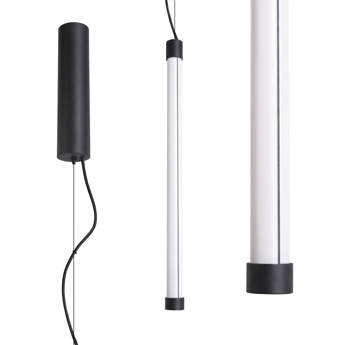 Version noire mate de la suspension cylindrique, silhouette fine et câble noir apparent
