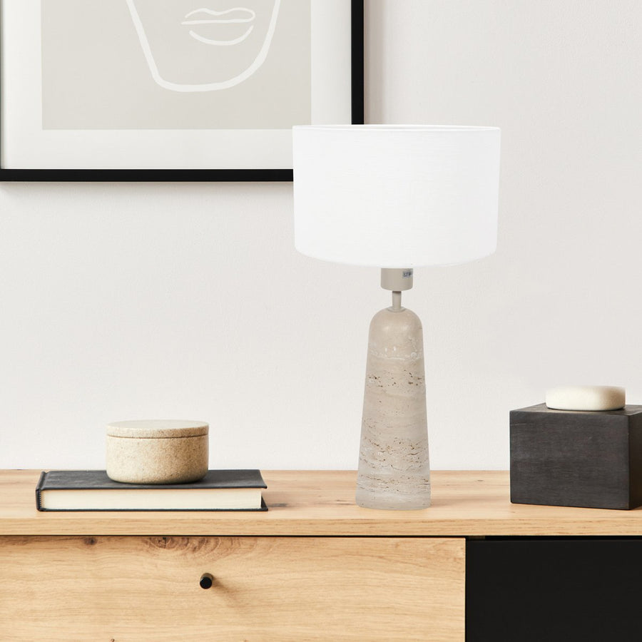 Lampe de chevet travertin, pied naturel & abat-jour lin blanc | Travino