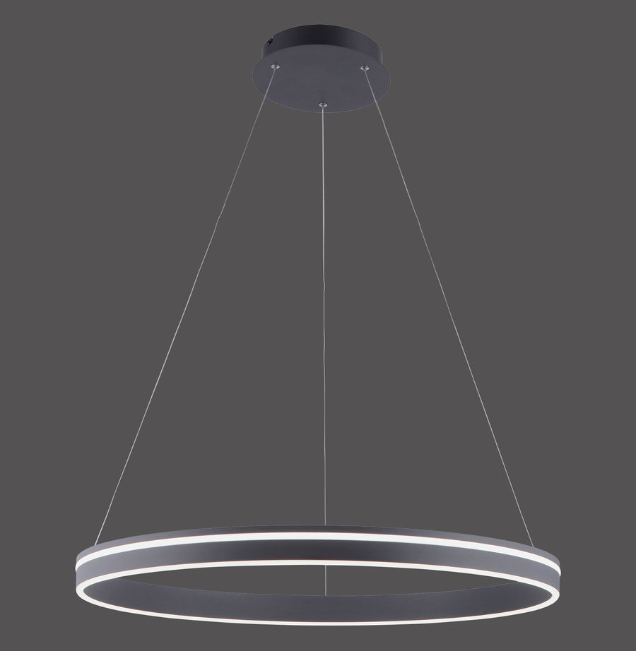Suspension annulaire anthracite vue de face, anneau mat et diffuseur LED blanc périphérique.