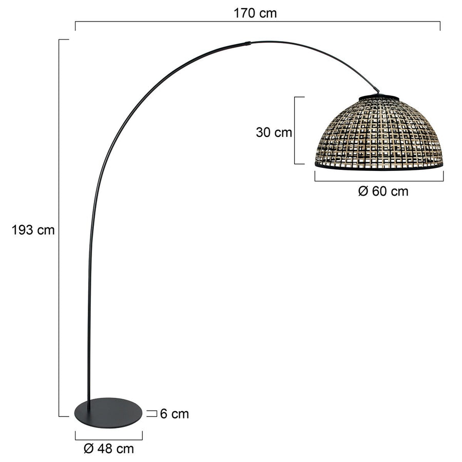 Schéma coté du lampadaire : hauteur 193 cm et portée 170 cm