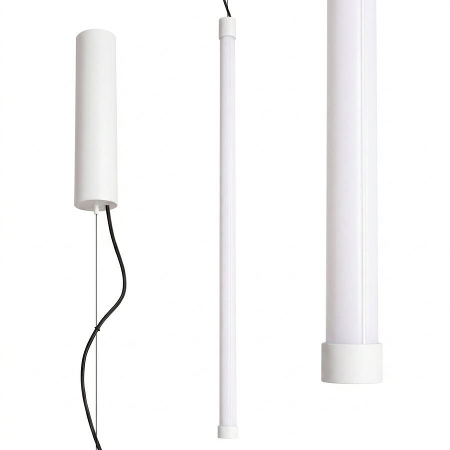 Trois vues du luminaire cylindrique blanc : corps, tige fine et capuchon inférieur