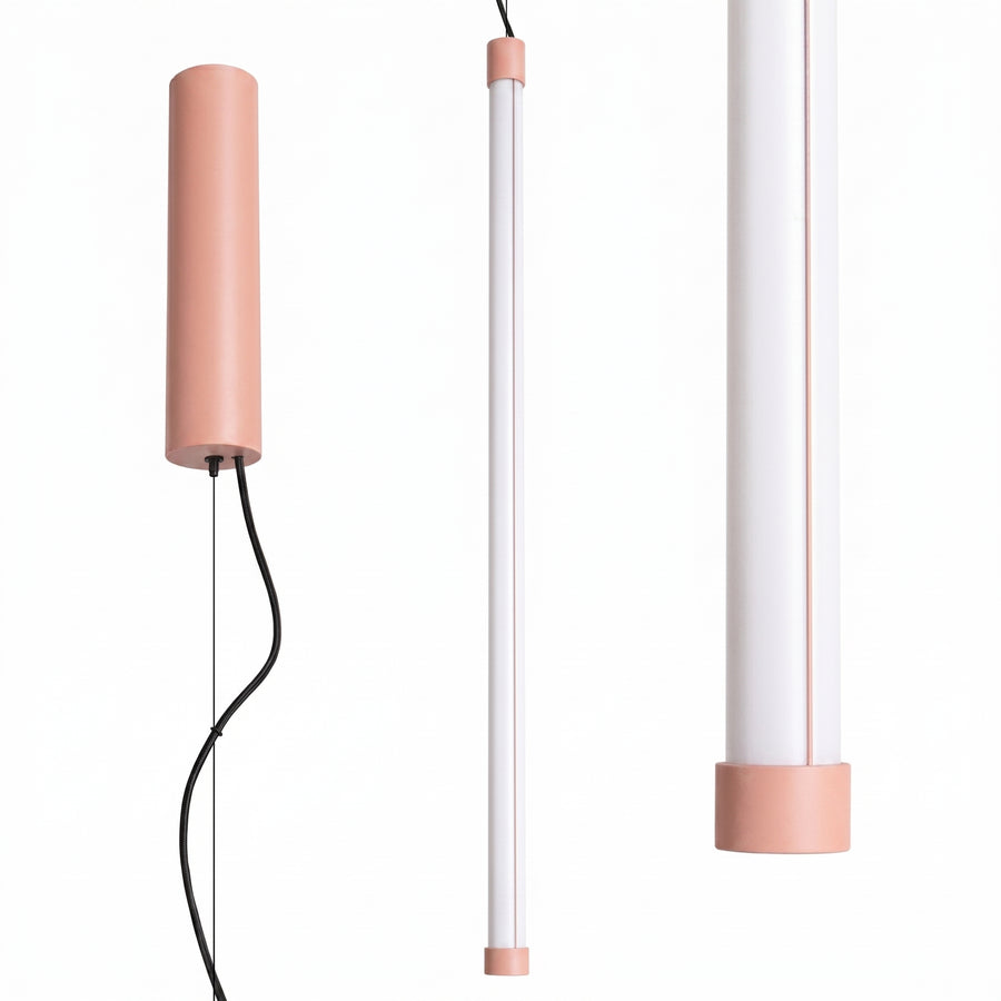 Trois vues du luminaire cylindrique rose : corps, tige et détail de l'embout