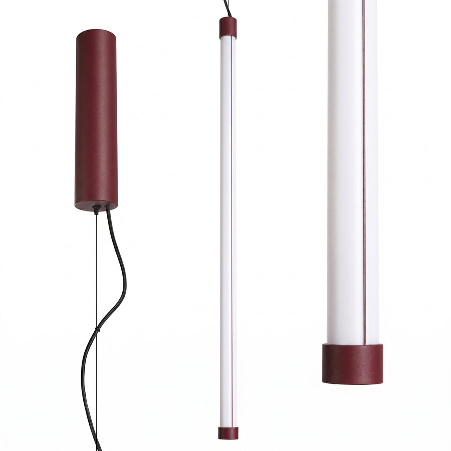 Trois vues du luminaire cylindrique bordeaux : face, tube fin et extrémité teintée
