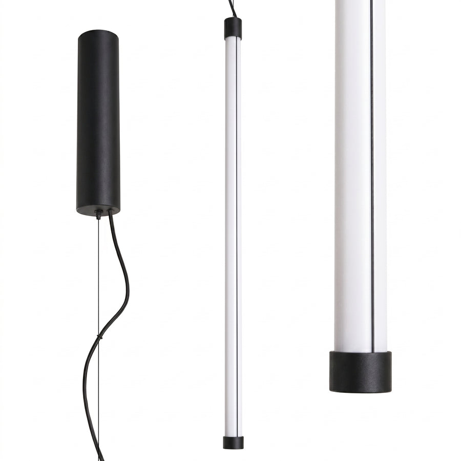 Trois vues du luminaire cylindrique noir : corps, tige blanche et embout contrasté