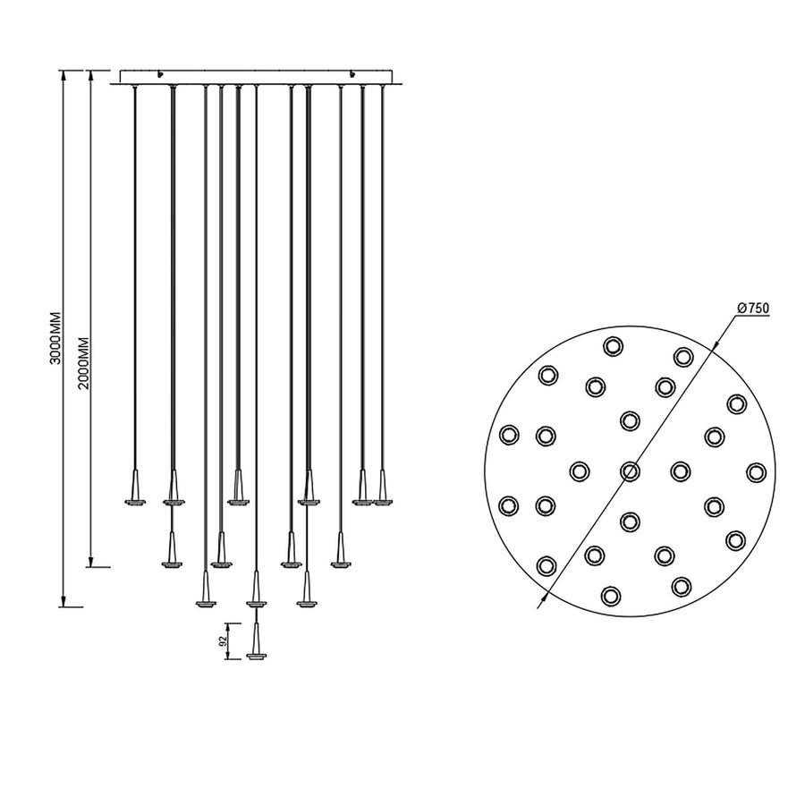 Schéma de dimensions montrant hauteur 3000 mm, 2000 mm, diamètre 750 mm et détail 92 mm.