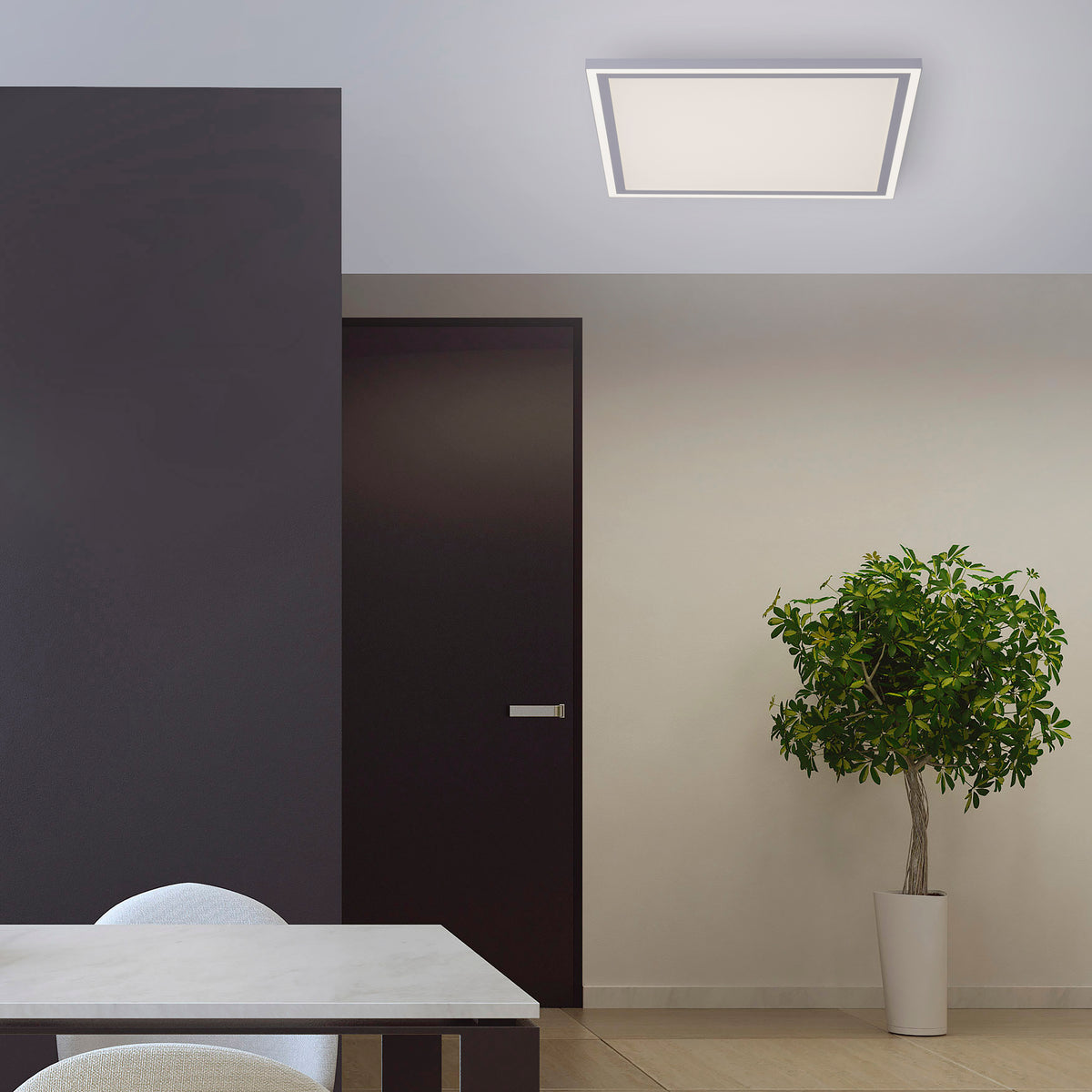 Mise en ambiance du plafonnier allumé au plafond d'un intérieur contemporain