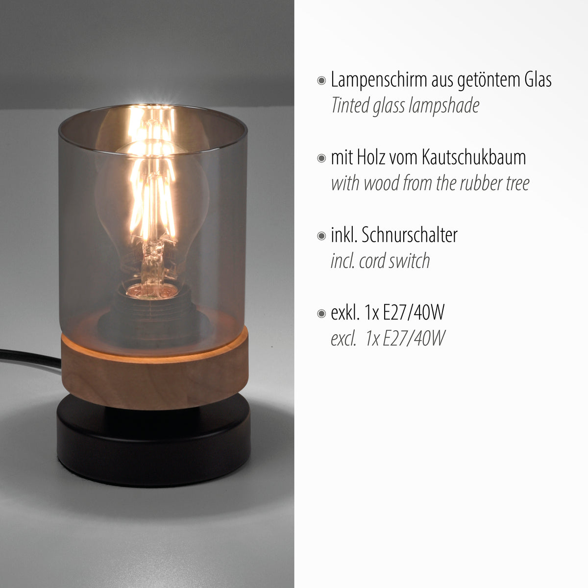 Photo technique avec mentions bilingues sur verre fumé, bois d'hévéa et interrupteur.