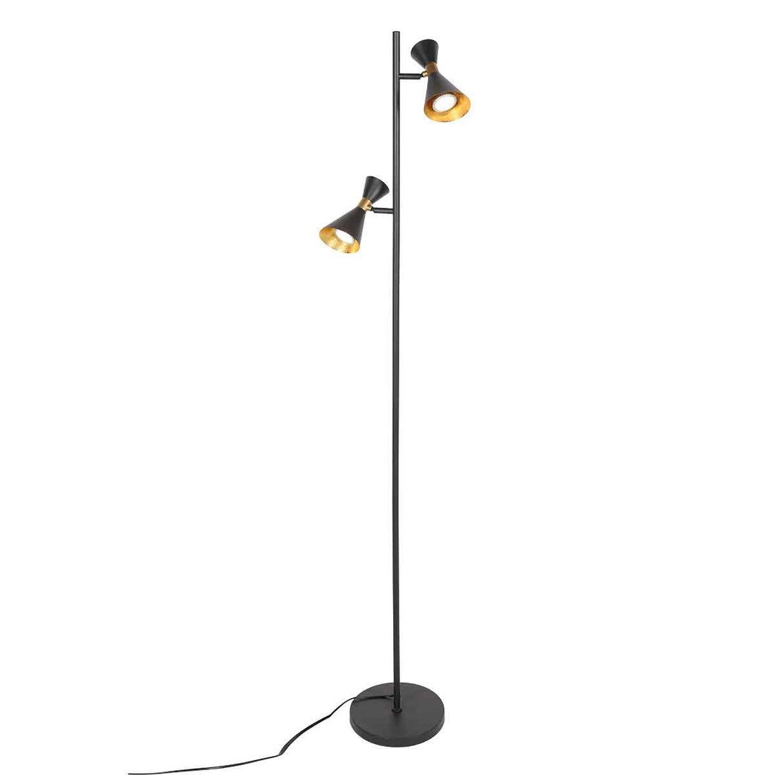 Black GU10 floor lamp with 2 adjustable spotlights, diabolo lampshades & brass | Preto