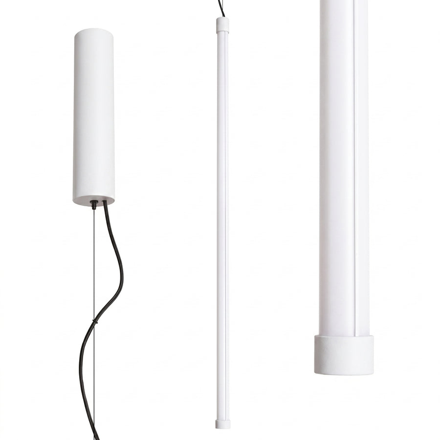 Version blanche du luminaire, trois vues alignées montrant le tube et ses embouts