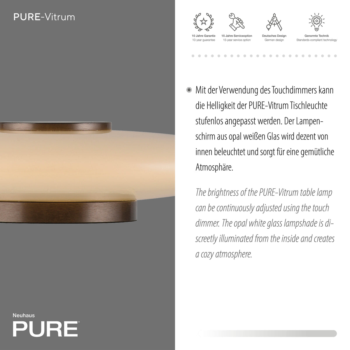 Fiche produit avec mention de garantie et gros plan sur l'abat-jour en verre.