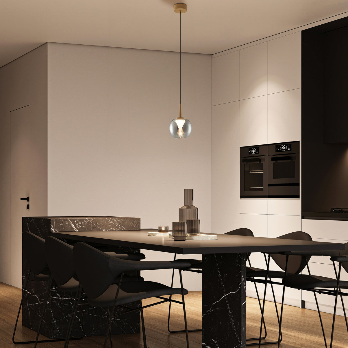 Suspension LED Andromeda dorée, verre chromé