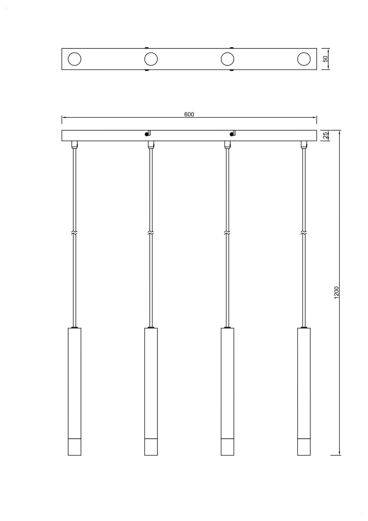 Schéma de dimensions montrant la barre de 600 mm et la hauteur totale de 1200 mm.
