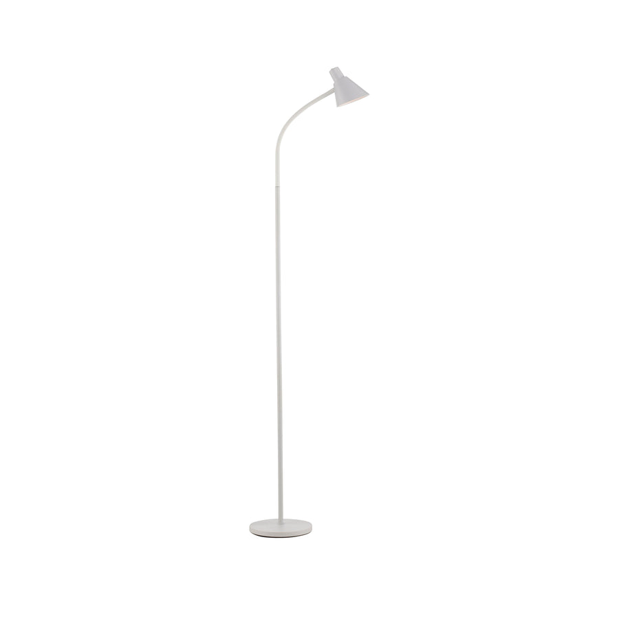 Vue détourée du lampadaire sur fond blanc, socle rond et bras arqué