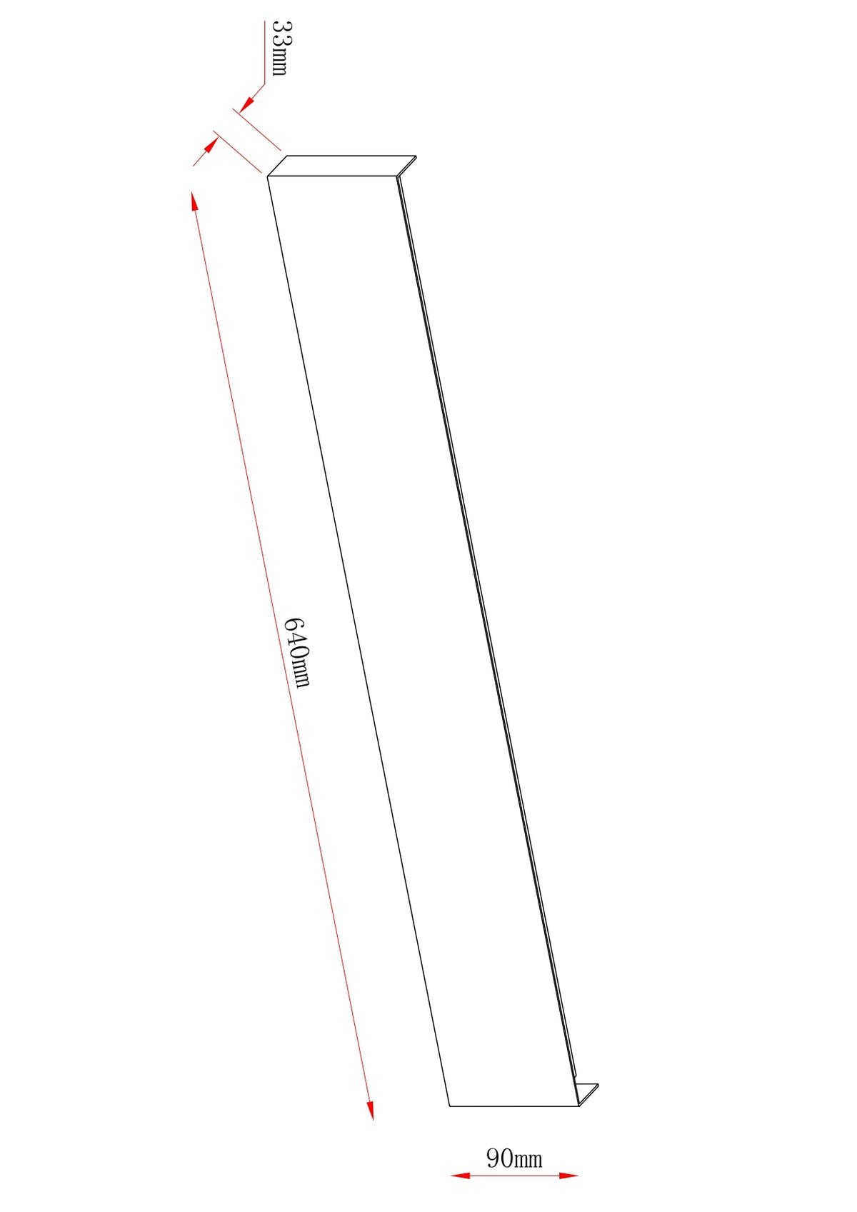 Schéma technique coté indiquant 640 mm de long, 90 et 33 mm